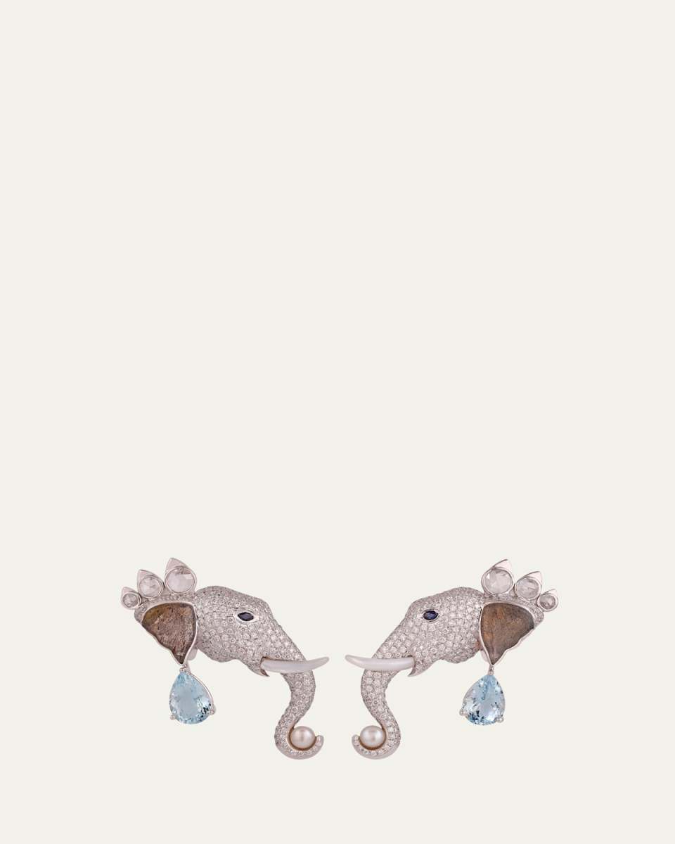 18K White Gold Elephant Diamond and Gemstone Earrings, One-Of-A-Kind